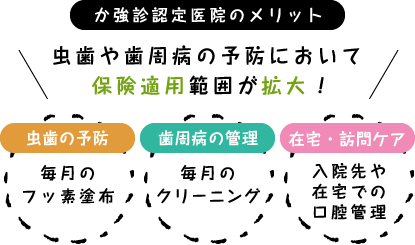 か強診認定医院のメリット 虫歯や歯周病の予防において保険適用範囲が拡大！虫歯の予防・歯周病の管理・在宅・訪問ケア